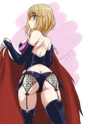 Rule 34 | 1girl, ass, bare back, blonde hair, boots, breasts, butt crack, cape, cowboy shot, dated, detached sleeves, from behind, green eyes, highres, holding, holding cape, holding clothes, koi wa sekai seifuku no ato de, large breasts, looking at viewer, looking to the side, magahara desumi, medium hair, parted lips, pink background, profile, purple footwear, purple garter straps, red cape, solo, swept bangs, thigh boots, thighs, twitter username, wan&#039;yan aguda, white background