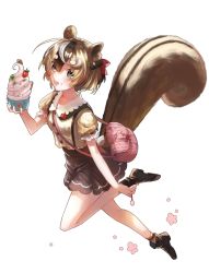 Rule 34 | 1girl, absurdres, acorn, adapted costume, alternate costume, animal ears, ayunda risu, bag, blouse, bow, brown hair, candy, clover, cupcake, food, food on face, four-leaf clover, fruit, green eyes, hair bow, handbag, highres, hololive, hololive indonesia, kohina27831, lollipop, looking at viewer, multicolored hair, open mouth, shirt, short hair, simple background, solo, squirrel ears, squirrel tail, strawberry, streaked hair, striped clothes, striped shirt, tail, vertical-striped clothes, vertical-striped shirt, virtual youtuber, whipped cream, white background