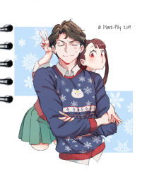 Rule 34 | 1boy, 1girl, andrew hanbridge, artist name, asymmetrical bangs, brown hair, christmas, christmas sweater, closed eyes, closed mouth, collared shirt, commentary, cropped torso, crossed arms, dated, green skirt, hetero, highres, kagari atsuko, leaning forward, little witch academia, long hair, long sleeves, marii pily, pleated skirt, red eyes, shirt, short hair, skirt, smile, snowflake background, standing, sweatdrop, v, white shirt