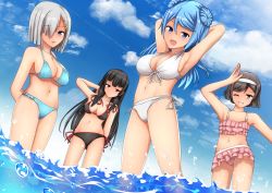 Rule 34 | 10s, 4girls, alphe, arm behind head, arm up, armpits, bad id, bad nicoseiga id, bikini, black hair, blue eyes, blue hair, breasts, brown eyes, cleavage, cloud, cloudy sky, commentary request, day, double bun, hair between eyes, hair bun, hair over one eye, hairband, hamakaze (kancolle), isokaze (kancolle), kantai collection, looking at viewer, medium breasts, multiple girls, navel, one eye closed, open mouth, partially submerged, red eyes, short hair, silver hair, sky, small breasts, smile, swimsuit, tanikaze (kancolle), urakaze (kancolle)