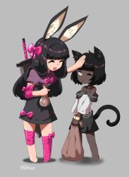 Rule 34 | 2girls, 604yue, animal ears, arm wrap, asha the shopkeeper cat, barefoot, black dress, black hair, black skirt, bow, bowtie, capelet, cat ears, cat girl, cat tail, closed eyes, closed mouth, commentary, dark-skinned female, dark skin, dress, english commentary, foot wraps, full body, grey background, headpat, heavyblade rabbit, highres, holding, holding sack, long hair, medium bangs, multiple girls, off-shoulder shirt, off shoulder, one eye closed, open mouth, pink bow, pink bowtie, purple capelet, rabbit and steel, rabbit ears, rabbit girl, ribbon-trimmed dress, sack, shirt, short hair, simple background, skirt, smile, standing, sword, tail, very dark skin, weapon, weapon on back, white shirt, yellow eyes