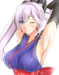 Rule 34 | 1girl, armpits, arms up, asymmetrical hair, blue eyes, blush, breasts, detached sleeves, earrings, fate/grand order, fate (series), floral print, hair ornament, japanese clothes, jewelry, kimono, kirisaki byakko, large breasts, long hair, looking at viewer, miyamoto musashi (fate), miyamoto musashi (first ascension) (fate), one eye closed, pink hair, ponytail, sash, simple background, smile, solo, white background