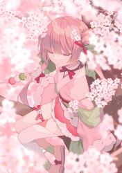 Rule 34 | 1girl, bow, branch, cherry blossoms, dango, food, frills, from above, hair ornament, half-closed eyes, highres, holding, holding food, in tree, japanese clothes, kimono, long hair, long sleeves, original, pink eyes, pink hair, pink kimono, red eyes, ribbon, sandals, sanshoku dango, single thighhigh, sitting, solo, thighhighs, tree, twintails, wagashi, yachishi orca, zouri