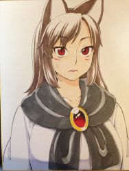 Rule 34 | 1girl, animal ears, black scarf, blouse, blush stickers, brown hair, closed mouth, gem, highres, imaizumi kagerou, long hair, looking at viewer, marker (medium), photo (medium), pink lips, poronegi, red eyes, scarf, shirt, slit pupils, solo, sweatdrop, touhou, traditional media, upper body, white shirt, wolf ears