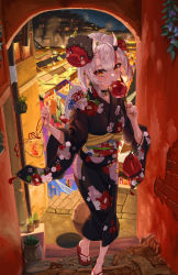 Rule 34 | 1girl, :p, absurdres, bag, bagged fish, bell, black choker, black kimono, blush, candy apple, choker, festival, fish, floral print, flower, food, hair flower, hair ornament, hand fan, highres, holding, holding food, hololive, horns, japanese clothes, jingle bell, kimono, kinchaku, long sleeves, looking at viewer, mask, mask on head, multicolored hair, nail polish, nakiri ayame, nakiri ayame (1st costume), neck bell, obi, paper fan, pouch, red eyes, red flower, red hair, red nails, sandals, sash, short hair, simple background, skin-covered horns, snarkhunt, solo, stairs, standing, streaked hair, toenail polish, toenails, tongue, tongue out, uchiwa, virtual youtuber, yukata