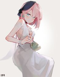 Rule 34 | 1girl, alternate costume, alternate hairstyle, arknights, bare shoulders, blue eyes, blue headwear, blue nails, blue poison (arknights), blush, bob cut, breasts, closed mouth, commentary, cup, dress, earrings, grey background, hair behind ear, highres, holding, holding cup, jewelry, medium breasts, medium hair, nail polish, no pupils, pink hair, ruri (dailybloopy), simple background, sleeveless, sleeveless dress, solo, white dress