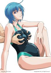 Rule 34 | 00s, 10s, 1boy, 1girl, artist name, asano hiro, black one-piece swimsuit, blue eyes, blue hair, grabbing another&#039;s breast, breasts, competition swimsuit, covered navel, elbow on knee, covered erect nipples, grabbing, haramasete seiryuu-kun!, hetero, knee up, large breasts, lilith-soft, looking at viewer, looking to the side, matching hair/eyes, navel, one-piece swimsuit, pregnant, seiryuu tougo, short hair, sitting, smile, sportswear, suzaku natsuhime, swimsuit