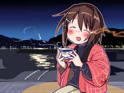 Rule 34 | 1girl, artist logo, black sweater, brown hair, closed eyes, commentary request, cowboy shot, cup, furutaka (kancolle), gradient sky, grey pants, hanten (clothes), kantai collection, kutone shirika, landscape, night, outdoors, pants, short hair, sky, smile, solo, sparks, sweater, teacup
