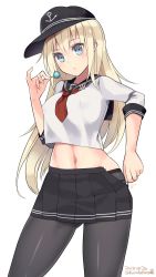 Rule 34 | 1girl, 2015, akatsuki (kancolle), akatsuki (kancolle) (cosplay), bismarck (kancolle), black pantyhose, blonde hair, blue eyes, breasts, candy, colored eyelashes, contrapposto, cosplay, covered erect nipples, crop top, dated, female focus, food, hat, highres, kantai collection, kuro chairo no neko, large breasts, lollipop, long hair, midriff, navel, open fly, pantyhose, pinky out, pleated skirt, school uniform, serafuku, simple background, skirt, solo, standing, twitter username, unzipped, white background