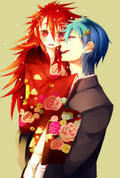 Rule 34 | 1boy, 1girl, blue hair, couple, flaky (happy tree friends), happy tree friends, japanese clothes, kimono, lumpy (happy tree friends), personification, red hair
