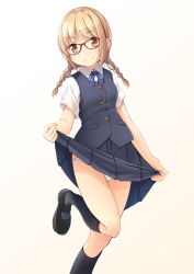Rule 34 | 1girl, black footwear, black socks, blonde hair, blue bow, blue bowtie, blue skirt, blue vest, bow, bowtie, braid, clothes lift, collared shirt, commentary request, glasses, gradient background, hair tie, highres, kneehighs, leaning to the side, long hair, looking at viewer, low twintails, mary janes, orange eyes, original, panties, pleated skirt, red-framed eyewear, school uniform, shibacha (shibacha 0728), shirt, shoes, short sleeves, skirt, skirt lift, smile, socks, solo, standing, standing on one leg, twin braids, twintails, underwear, vest, white panties, white shirt