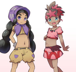 Rule 34 | 2girls, :d, blush, brown background, brown hair, brown shirt, brown shorts, closed mouth, collarbone, creatures (company), crop top, game freak, gloves, gradient background, green eyes, hapu (pokemon), island kahuna, jewelry, long hair, low twintails, midriff, mimo (pokemon), miniskirt, multicolored hair, multiple girls, navel, necklace, nekono rin, nintendo, open mouth, pink shirt, pink skirt, pokemon, pokemon (anime), pokemon sm (anime), puffy short sleeves, puffy shorts, puffy sleeves, purple eyes, red hair, round teeth, shirt, short eyebrows, short shorts, short sleeves, shorts, skirt, smile, teeth, thick eyebrows, twintails, two-tone hair, upper teeth only, very long hair, white background, white gloves