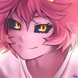 Rule 34 | 1girl, absurdres, ashido mina, black sclera, boku no hero academia, colored sclera, colored skin, commentary, english commentary, hair between eyes, hhholic, highres, looking at viewer, orange eyes, pink hair, pink shirt, pink skin, pink theme, portrait, shirt, short hair, smile, solo