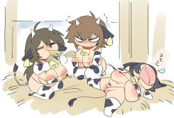 Rule 34 | 3girls, ahoge, angry, animal ears, animal print, areola slip, bikini, blush, breasts, brown hair, chibi, collar, cow ears, cow girl, cow horns, cow print, cow tail, cowbell, ear tag, eating, elbow gloves, eyepatch bikini, eyes closed, fang, female pubic hair, functionally nude, gloves, hair between eyes, happy, highres, horns, huge breasts, kneeling, large areolae, long hair, micro bikini, multiple girls, navel, no nose, nose blush, pubic hair, pussy, red collar, short hair, sitting, sleeping, spread legs, sweat, swimsuit, tail, thighhighs, thirty 8ght, women livestock, zzz