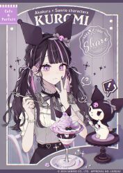Rule 34 | 1girl, 2024, akakura, artist name, black hair, black hairband, black nails, black ribbon, character name, closed mouth, collared shirt, earrings, food, hair ribbon, hairband, highres, holding, holding spoon, jewelry, kuromi, long hair, looking at another, low twintails, multicolored hair, multiple rings, neck ribbon, onegai my melody, purple eyes, purple hair, purple ribbon, ribbon, ring, sanrio, shirt, short sleeves, sitting, solo, spoon, twintails, watch, white shirt, wristwatch