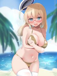 Rule 34 | 1girl, absurdres, alternate costume, bikini, blonde hair, blue eyes, blue sky, blurry, blurry background, cloud, collarbone, commission, cowboy shot, day, glasses, gold bikini, hat, highres, i-8 (kancolle), imonegi oekaki, kantai collection, long hair, low twintails, navel, ocean, pixiv commission, red-framed eyewear, sailor hat, semi-rimless eyewear, sky, solo, standing, swimsuit, thighhighs, twintails, under-rim eyewear, white hat, white thighhighs