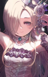 Rule 34 | 1girl, alternate hair length, alternate hairstyle, bare shoulders, blonde hair, breasts, crown, dark background, detached collar, detached sleeves, dress, earrings, flower, grey eyes, hair flower, hair ornament, hair over one eye, idolmaster, idolmaster cinderella girls, jewelry, kiichirou, lace, lace-trimmed dress, lace-trimmed sleeves, lace trim, light particles, long hair, looking to the side, necklace, pearl earrings, pearl necklace, purple dress, rose, shirasaka koume, small breasts, smile, solo, strapless, strapless dress, tilted headwear, upper body