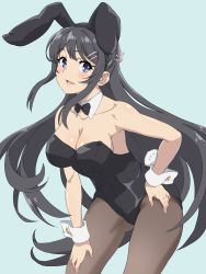 Rule 34 | 10s, 1girl, :d, animal ears, aqua background, bare arms, bare shoulders, black bow, black bowtie, black hair, black hairband, black leotard, black pantyhose, blue background, blue eyes, blush, bow, bowtie, breasts, brown pantyhose, cleavage, collarbone, commentary request, cowboy shot, detached collar, fake animal ears, female focus, floating hair, hair ornament, hairband, hairclip, hand on own hip, hand on own leg, hand on own thigh, happy, highres, large breasts, leaning, leaning forward, leotard, lips, long hair, looking at viewer, masuo (masdlivelove), neck, open mouth, pantyhose, playboy bunny, rabbit ears, rabbit girl, rabbit tail, sakurajima mai, seishun buta yarou, sidelocks, simple background, smile, solo, strapless, strapless leotard, tail, very long hair, wrist cuffs