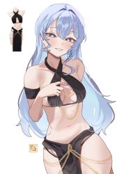 Rule 34 | 1girl, bare shoulders, blue eyes, blue hair, blue nails, blush, breasts, cleavage, criss-cross halter, dress, hair between eyes, halter dress, halterneck, highres, hololive, hoshimachi suisei, jewelry, long hair, looking at viewer, navel, pelvic curtain, simple background, smile, solo, stomach, tomanesan, virtual youtuber, white background, yomorio lingerie