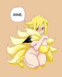 Rule 34 | 1girl, absurdres, animal ears, bad id, bad pixiv id, blonde hair, blue eyes, blush, english text, fox ears, fox tail, full body, hair between eyes, highres, kitsune, less, long hair, monster girl, multiple tails, navel, original, seiza, simple background, sitting, solo, speech bubble, tail