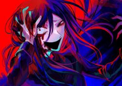 Rule 34 | 1boy, black eyes, black hair, blood, blood from mouth, blood on face, blue background, cassock, crazy eyes, crazy smile, evil smile, fingernails, hair between eyes, hand on own head, himanemuitoma, long hair, long sleeves, low ponytail, open mouth, orthodoxia (vocaloid), ponytail, red background, sharp fingernails, smile, tadashi kunai, vocaloid
