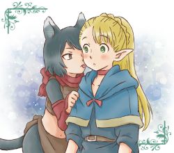 Rule 34 | 2girls, animal ears, arunsu, belt, black eyes, black hair, blonde hair, blue dress, blush stickers, braid, cat ears, cat tail, dress, dungeon meshi, elf, french braid, green eyes, izutsumi, licking, licking another&#039;s face, looking at another, marcille donato, multiple girls, pointy ears, ponytail, red scarf, scarf, tail, yuri