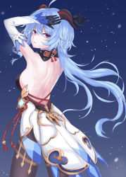 Rule 34 | ahoge, armpits, arms up, back, backless outfit, bare shoulders, black gloves, black legwear, blue hair, bow, bowtie, breasts, chinese knot, detached sleeves, flower knot, from behind, ganyu (genshin impact), genshin impact, gloves, gold trim, highres, horns, kuro wa shinoru, long hair, looking at viewer, low ponytail, medium breasts, purple eyes, sideboob, solo, tassel, thighlet, vision (genshin impact), wide sleeves
