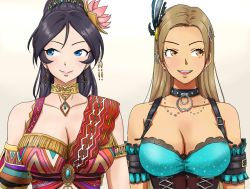 Rule 34 | 2girls, alternate costume, anbj, black hair, blue eyes, breasts, brown eyes, cleavage, collar, collarbone, earrings, feather hair ornament, feathers, flower, hair flower, hair ornament, idolmaster, idolmaster cinderella girls, jewelry, large breasts, light brown hair, lips, long hair, looking to the side, matsunaga ryo, multiple girls, open mouth, ponytail, smile, sugisaka umi