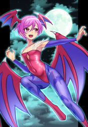 Rule 34 | 1girl, :d, absurdres, animal print, bat print, bat wings, cloud, flat chest, flying, full body, head wings, highres, large wings, leotard, lilith aensland, looking up, moon, open mouth, pantyhose, pillarboxed, pink eyes, pink footwear, pink hair, pink leotard, print pantyhose, purple pantyhose, purple sleeves, short hair, silverchariotx, smile, solo, strapless, strapless leotard, teeth, upper teeth only, vampire (game), wings