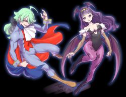 Rule 34 | 1boy, 1girl, animal print, artist name, ascot, bare shoulders, bat print, bat wings, blunt bangs, boots, breasts, cape, cleavage, clothing cutout, cosplay, delicious party precure, demitri maximoff, demitri maximoff (cosplay), green hair, hair ornament, head wings, heart cutout, highres, index finger raised, kasai amane, leotard, long hair, medium breasts, morrigan aensland, morrigan aensland (cosplay), narcistoru, pantyhose, precure, print legwear, print pantyhose, purple hair, skin tight, smile, tuqi pix, vampire (game), wings, yellow eyes