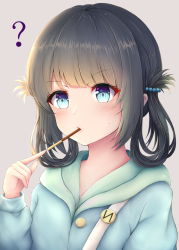 Rule 34 | 1girl, ?, black hair, blue eyes, blue hoodie, blush, commentary request, endsmall min, food, food in mouth, grey background, hair ornament, hair rings, hand up, highres, hood, hood down, hoodie, long hair, long sleeves, looking at viewer, nagi no asukara, pocky, shiodome miuna, simple background, solo, sweat