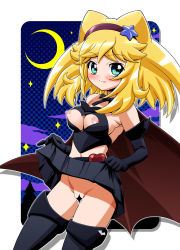 Rule 34 | 1girl, animal print, anyamal tantei kirumin zoo, bare shoulders, bat print, blonde hair, blush, boots, border, breasts, cape, censored, cleavage cutout, clothes lift, clothing cutout, cloud, cowboy shot, crescent moon, elbow gloves, gambler club, gloves, green eyes, hatori kanon, heart cutout, kohsaka jun, large breasts, lifted by self, looking at viewer, medium hair, midriff, miniskirt, moon, navel, night, night sky, nippleless clothes, nipples, no panties, outline, outside border, pleated skirt, presenting, revealing clothes, self exposure, skirt, skirt lift, sky, small nipples, smile, solo, standing, star (sky), starry sky, strapless, strapless top, thigh boots, thighhighs, white border, white outline