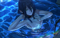 1girl absurdres advarcher black_choker black_hair breasts chainsaw_man choker green_eyes hair_between_eyes hair_bun highres partially_submerged pool reze_(chainsaw_man) ripples single_hair_bun small_breasts solo water wet