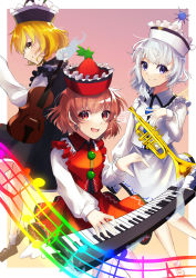 Rule 34 | 3girls, black headwear, black skirt, black vest, blonde hair, border, brown eyes, brown hair, closed mouth, collared shirt, commentary request, floating, floating object, happy, highres, instrument, keyboard (instrument), long sleeves, looking at viewer, lunasa prismriver, lyrica prismriver, merlin prismriver, multiple girls, music, open mouth, pink background, pink headwear, pink skirt, pink vest, playing instrument, pointy hat, purple eyes, red headwear, red skirt, red vest, shirt, short hair, siblings, sisters, skirt, smile, touhou, trumpet, vest, violin, wanko sora, white border, white hair, white shirt, yellow eyes