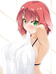 Rule 34 | 1girl, arm behind head, armpits, bed sheet, blue bra, blush, bra, breasts, closed mouth, fang, fang out, green eyes, hair ornament, hairclip, hinata masaki, large breasts, looking at viewer, mouth hold, original, red hair, see-through, short hair, solo, underwear, upper body, window