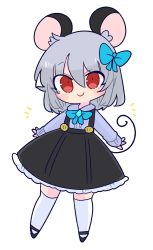 Rule 34 | 1girl, animal ears, black skirt, blue bow, blue bowtie, bow, bowtie, buttons, crystal, grey hair, grey shirt, hair bow, highres, kneehighs, long sleeves, mouse ears, mouse girl, mouse tail, nazrin, op na yarou, red eyes, shirt, shoes, short hair, simple background, skirt, smile, socks, solo, suspender skirt, suspenders, tail, touhou, white background, white socks