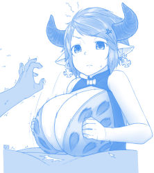 Rule 34 | &gt;:(, 1girl, anger vein, blue theme, breasts, closed mouth, cross, cross earrings, draph, earrings, ekz (robotekz), flying sweatdrops, frown, granblue fantasy, highres, huge breasts, jewelry, lying, monochrome, motion lines, on back, paizuri, paizuri under clothes, pointy ears, short hair, sketch, solo focus, squiggle, sturm (granblue fantasy), ^^^, sweat, v-shaped eyebrows, white background