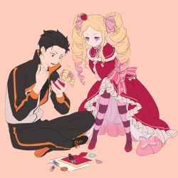 Rule 34 | 1boy, 1girl, age difference, beatrice (re:zero), black footwear, black hair, black jacket, black pants, blonde hair, blue eyes, bow, brown eyes, butterfly-shaped pupils, capelet, character doll, crown, doll, dress, dress bow, drill hair, fndlwm re, frilled dress, frilled sleeves, frills, full body, fur-trimmed capelet, fur trim, hair ribbon, highres, holding, holding needle, jacket, knitting, korean commentary, long hair, looking at doll, mini crown, multicolored clothes, multicolored jacket, natsuki subaru, neck ribbon, needle, open mouth, pants, pantyhose, paper, parted bangs, pink bow, pink ribbon, re:zero kara hajimeru isekai seikatsu, red capelet, red dress, ribbon, sewing, sewing needle, shoes, short hair, sidelocks, sitting, sneakers, stitching, string, stuffed toy, symbol-shaped pupils, teenage boy and younger girl, thighhighs, track jacket, track pants, twin drills, two-tone jacket, white jacket, wide sleeves