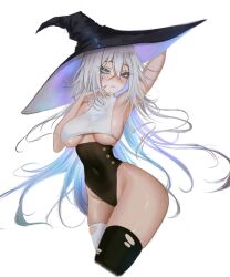 Rule 34 | 1girl, arm up, armpits, asymmetrical legwear, black footwear, black thighhighs, blue eyes, breasts, commentary, english commentary, facial mark, gradient hair, hat, highres, looking at viewer, multicolored hair, original, purple hair, s7nsles, simple background, solo, thighhighs, torn clothes, torn thighhighs, underboob, white background, white hair, white thighhighs, witch, witch hat