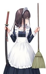 Rule 34 | 1girl, apron, blue dress, broom, brown hair, collarbone, commentary request, cowboy shot, detached collar, dress, frilled apron, frills, green eyes, hair ornament, hair scrunchie, hands up, highres, holding, holding broom, holding sword, holding weapon, katana, light blush, long hair, long sleeves, looking to the side, low-tied long hair, low ponytail, maid, maid apron, maid headdress, na-ga, original, scrunchie, sheath, sheathed, sidelocks, simple background, solo, standing, sword, weapon, white apron, white background