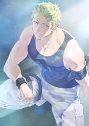 Rule 34 | 1boy, bad id, bad pixiv id, bara, bare shoulders, black tank top, blackstar -theater starless-, camouflage, camouflage pants, commentary request, covered abs, from above, green hair, highres, kongou (blackstar), light particles, male focus, muscular, muscular male, pants, pectoral cleavage, pectorals, shirt, short hair, sidepec, sleeveless, solo, spotlight, squatting, tank top, thighs, tight clothes, tight shirt, umedairuka, white pants