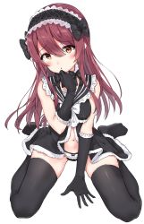 Rule 34 | 1girl, arm support, babydoll, bare shoulders, between legs, black bow, black gloves, black panties, black thighhighs, blush, bow, breasts, brown eyes, brown hair, detached collar, frilled gloves, frills, full body, gloves, hair between eyes, hair bow, hand on own chin, hand up, head tilt, headdress, highres, idolmaster, idolmaster shiny colors, lingerie, long hair, looking at viewer, medium breasts, minikon, navel, osaki tenka, panties, parted lips, sidelocks, simple background, sitting, solo, thighhighs, underwear, wariza, white background