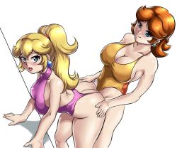 Rule 34 | 2girls, ass, ass grab, bent over, blonde hair, blue eyes, blush, breasts, brown hair, cleavage, collarbone, doggystyle, earrings, huge ass, implied futanari, jewelry, large breasts, legs, leonart, long hair, looking at another, looking back, mario (series), medium hair, multiple girls, nintendo, one-piece swimsuit, orange hair, ponytail, princess daisy, princess peach, sex, sex from behind, super mario bros. 1, super mario land, swimsuit, thighs, tomboy, white background, yuri