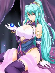 Rule 34 | 1girl, aqua hair, armband, bare shoulders, breasts, character request, chinese clothes, cleavage, cleavage cutout, clothing cutout, detached sleeves, gloves, kumakichi (cost-lost), lace, large breasts, long hair, panties, petals, ponytail, red eyes, sangokushi taisen, sidelocks, sitting, smile, solo, thighhighs, underwear, very long hair, wariza, white gloves, white panties