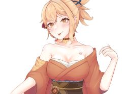 Rule 34 | 1girl, :p, absurdres, bandages, bare shoulders, blonde hair, brown eyes, brown sash, chest sarashi, chest tattoo, collarbone, commentary, genshin impact, hand up, head tilt, highres, japanese clothes, kimono, looking at viewer, obi, off shoulder, orange kimono, ponytail, sarashi, sash, short hair, simple background, smile, solo, tattoo, terableart, tongue, tongue out, upper body, white background, yoimiya (genshin impact)