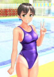Rule 34 | 1girl, absurdres, black hair, blurry, breasts, clothes writing, collarbone, competition swimsuit, cowboy shot, depth of field, green eyes, grin, highres, medium breasts, one-piece swimsuit, one-piece tan, original, pool, purple one-piece swimsuit, short hair, smile, solo, string of flags, swimsuit, takafumi, tan, tanline, v, water