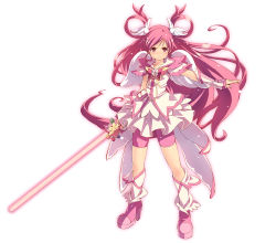 Rule 34 | 00s, 1girl, cure dream, detached sleeves, dress, hair rings, heart, long hair, magical girl, outstretched arm, pink eyes, pink hair, pink shorts, precure, shining dream, shorts, solo, sword, tasaka shinnosuke, weapon, white background, yes! precure 5, yumehara nozomi