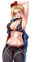 Rule 34 | 1girl, arm up, blonde hair, breasts, cammy white, foxyreine, highres, jacket, large breasts, navel, sideboob, solo, street fighter, street fighter 6, toned