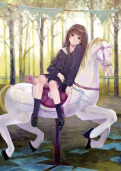 Rule 34 | 1girl, absurdres, bad id, bad pixiv id, brown eyes, brown hair, carousel, fukahire (ruinon), highres, horse, horseback riding, loafers, long hair, mary janes, original, red eyes, riding, shoes, sidesaddle, sitting, skirt, solo