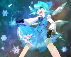 Rule 34 | 1girl, :d, adapted costume, alternate costume, bad id, bad pixiv id, black gloves, blue bow, blue eyes, blue hair, bow, cirno, double-breasted, female focus, frilled shirt collar, frills, gloves, hair bow, ice, ice wings, kotetu, legs apart, long sleeves, matching hair/eyes, open mouth, short hair, smile, snowflakes, solo, touhou, tsurusaki yuu, wings